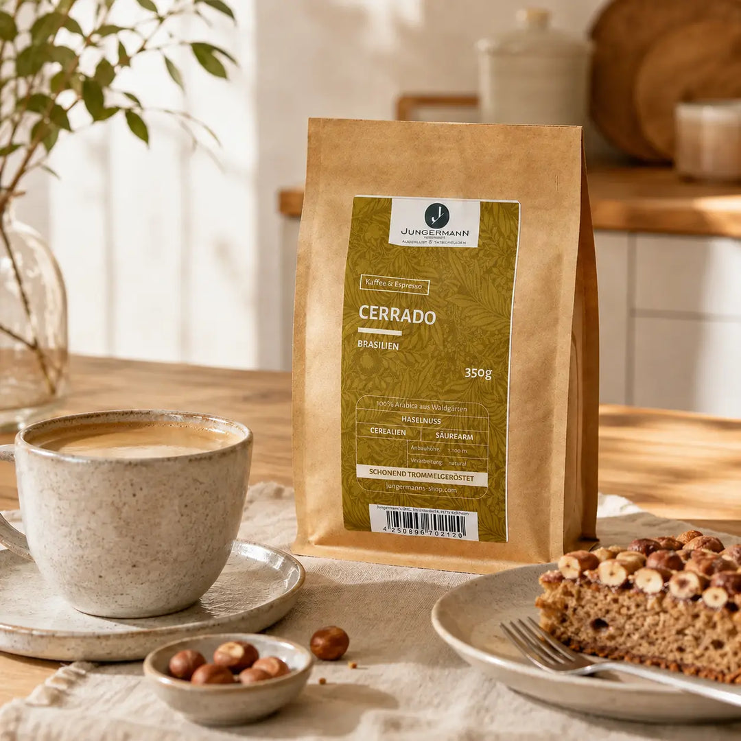 Cerrado Kaffee mit Café Crème, Haselnüssen und Nusskuchen auf dem Frühstückstisch