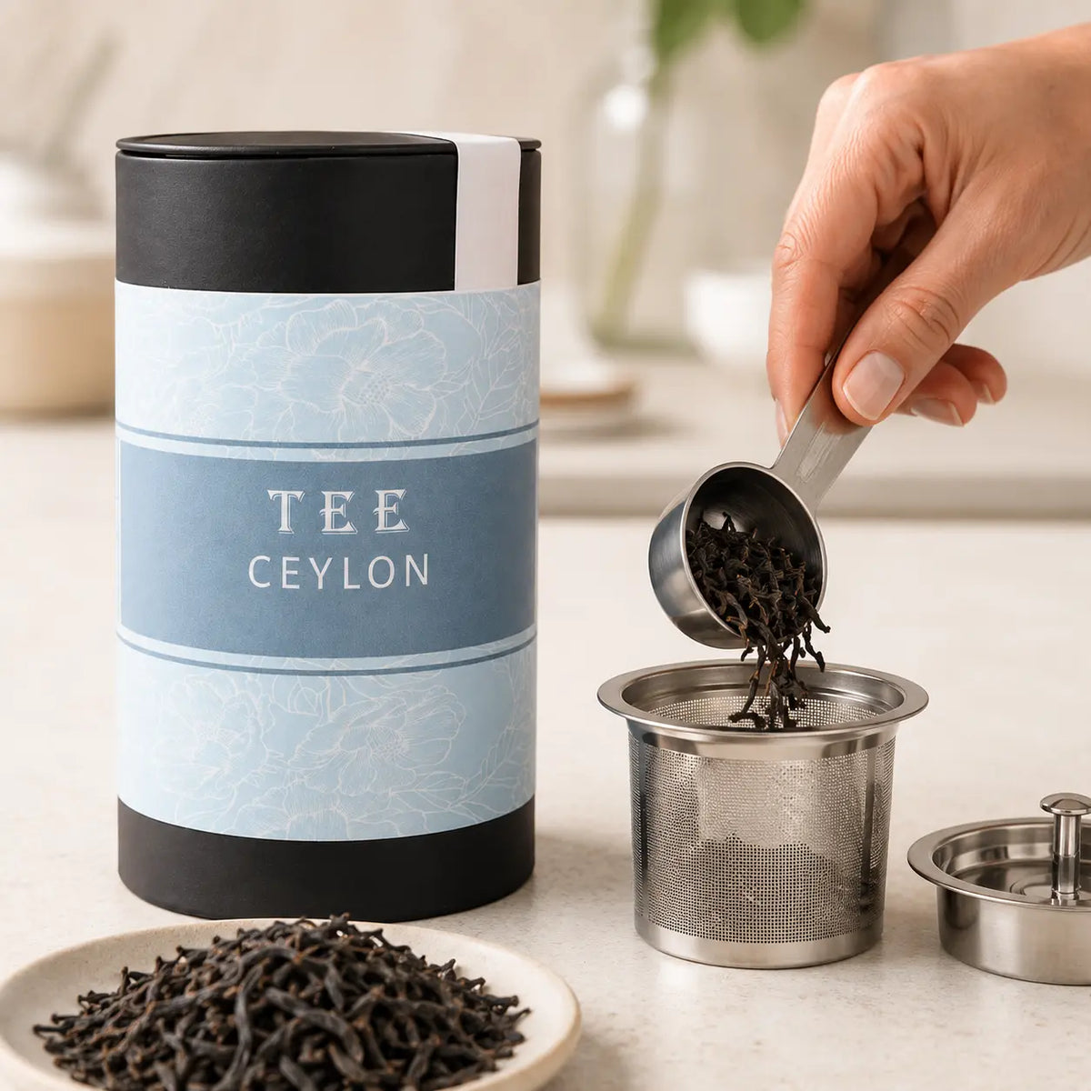 Loser Ceylon Tee wird neben der Jungermann Gourmet Teedose in einen Filter dosiert
