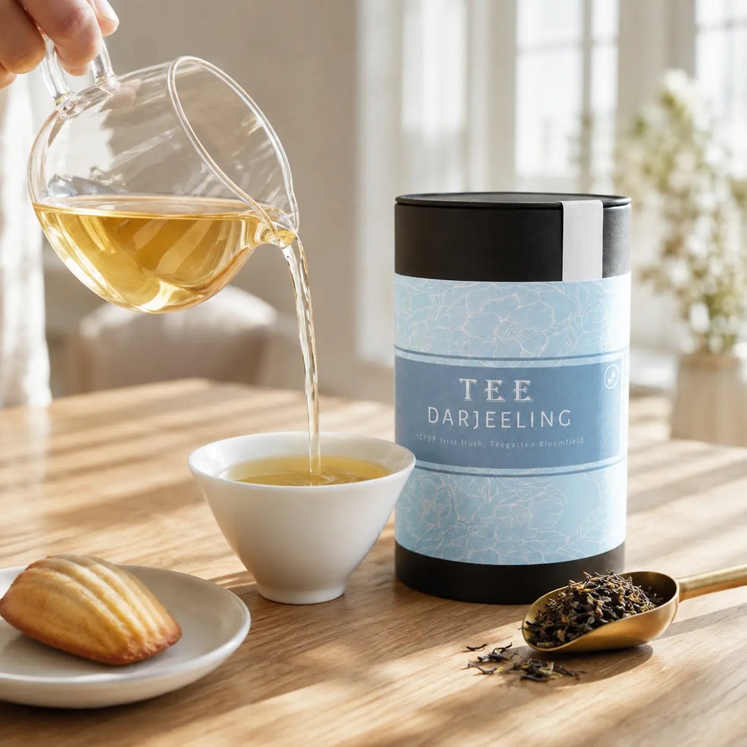 Darjeeling Tee von Jungermann Gourmet wird hellgolden frisch eingeschenkt