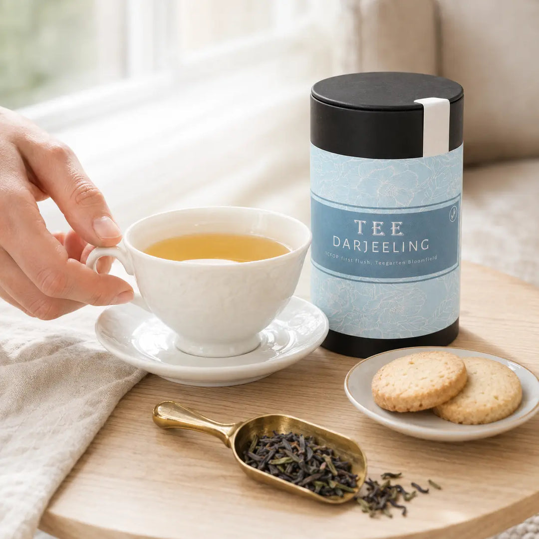 Heller Darjeeling Tee von Jungermann Gourmet mit feinem Buttergebäck