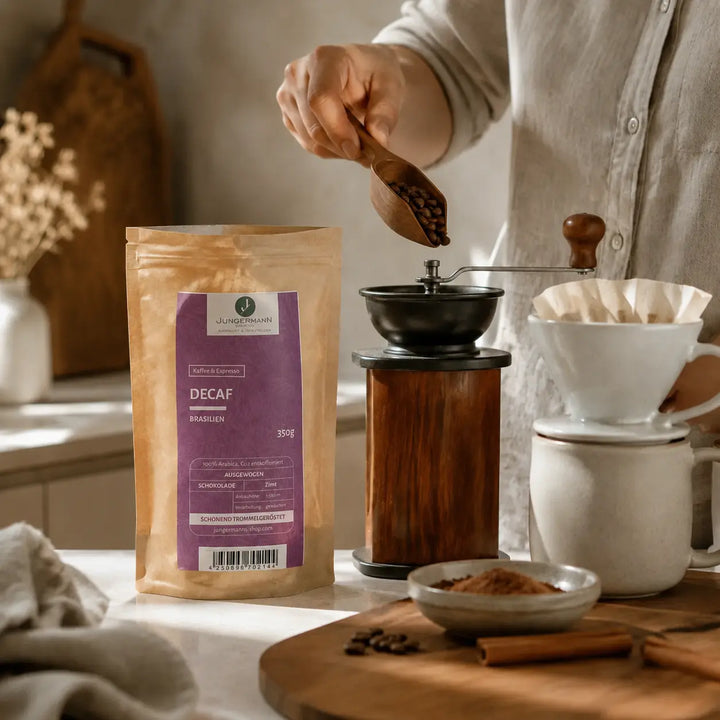 Decaf Kaffee von Jungermann Gourmet beim Mahlen mit Schokolade und Zimt als Aromahinweis