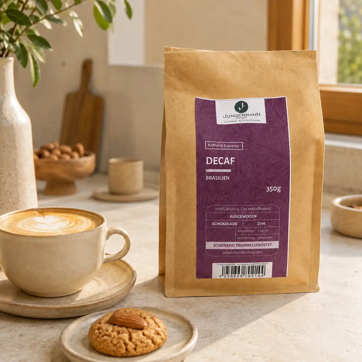 Decaf Kaffee mit Cappuccino und Mandelgebäck in einer hellen Küche
