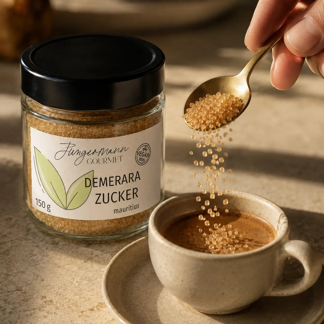 Demerara-Zucker von Jungermann Gourmet beim Süßen von Kaffee