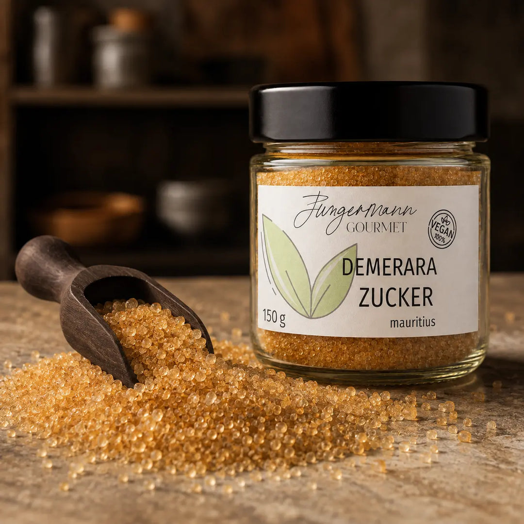 Goldene Demerara-Zuckerkristalle mit Holzschaufel neben dem Produktglas