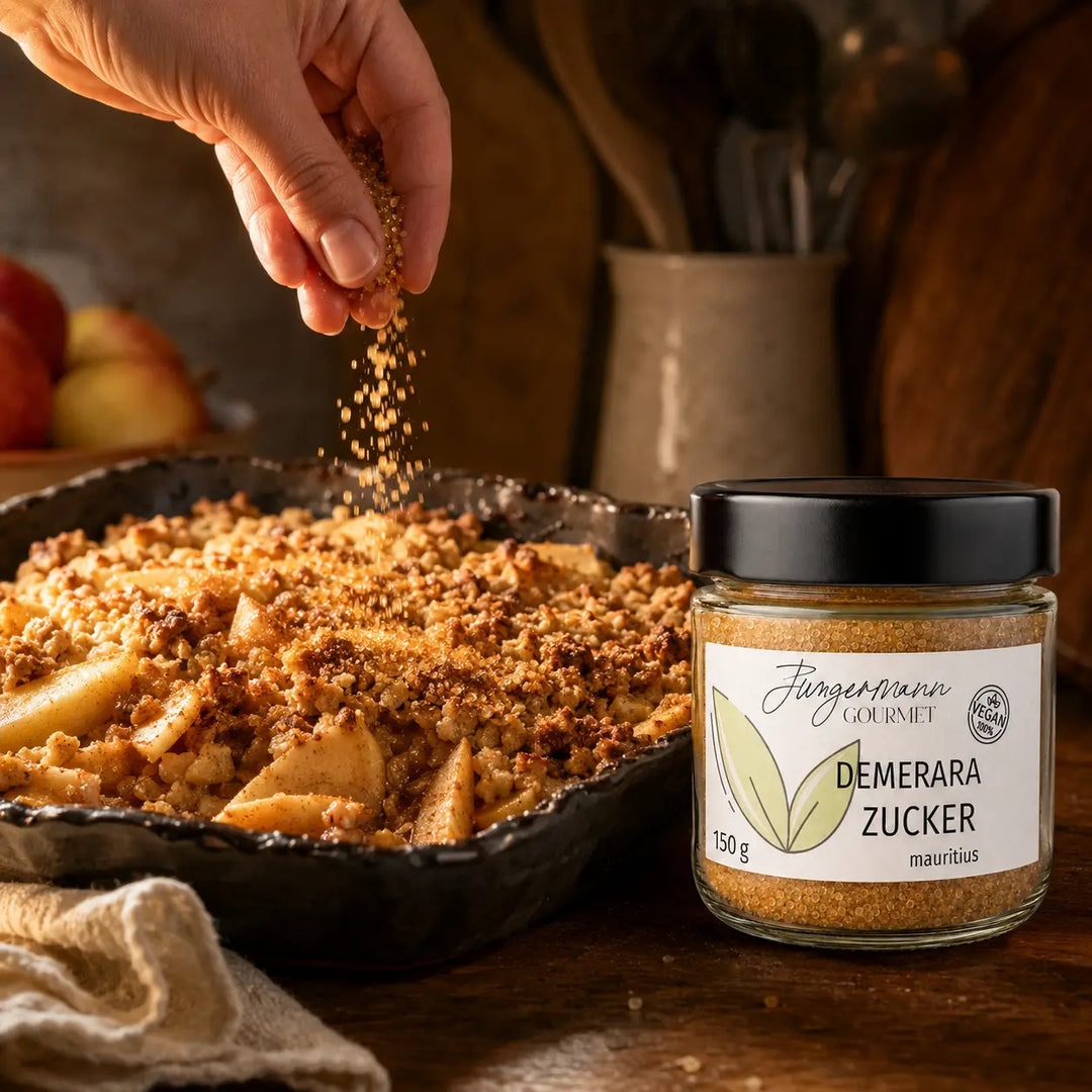 Demerara-Zucker beim Bestreuen eines rustikalen Apfel-Crumbles