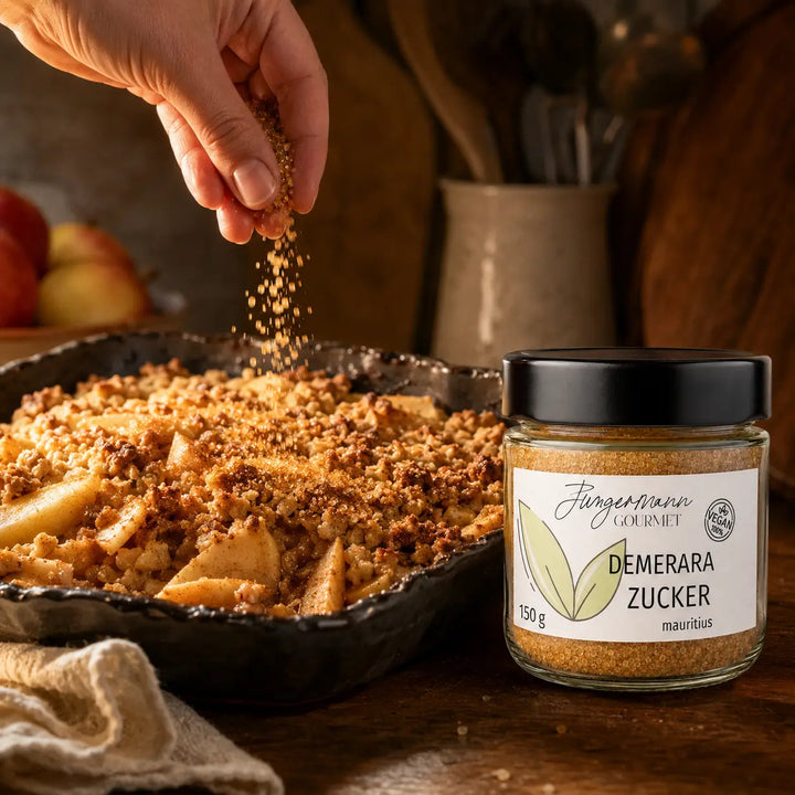 Demerara-Zucker beim Bestreuen eines rustikalen Apfel-Crumbles
