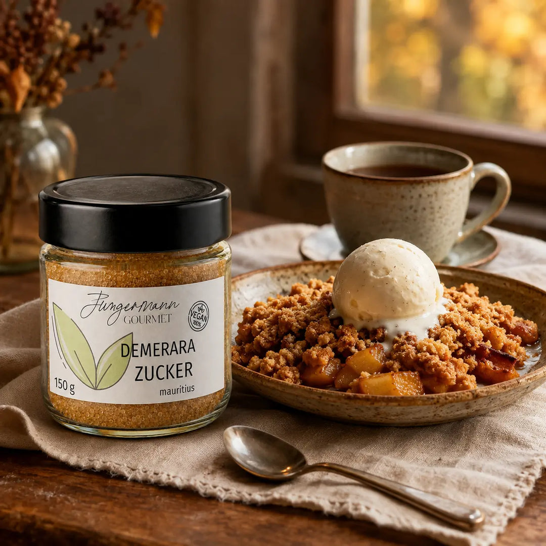 Demerara-Zucker mit warmem Apfel-Crumble, Vanilleeis und Tee