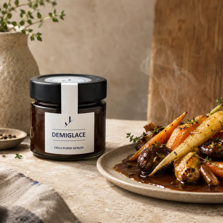 Demiglace von Jungermann Gourmet zu glasiertem Wurzelgemüse und Pilzen