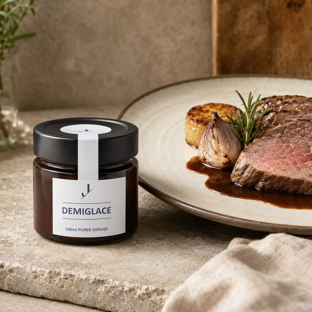 Demiglace von Jungermann Gourmet zu rosa gebratenem Rind und Schalotte