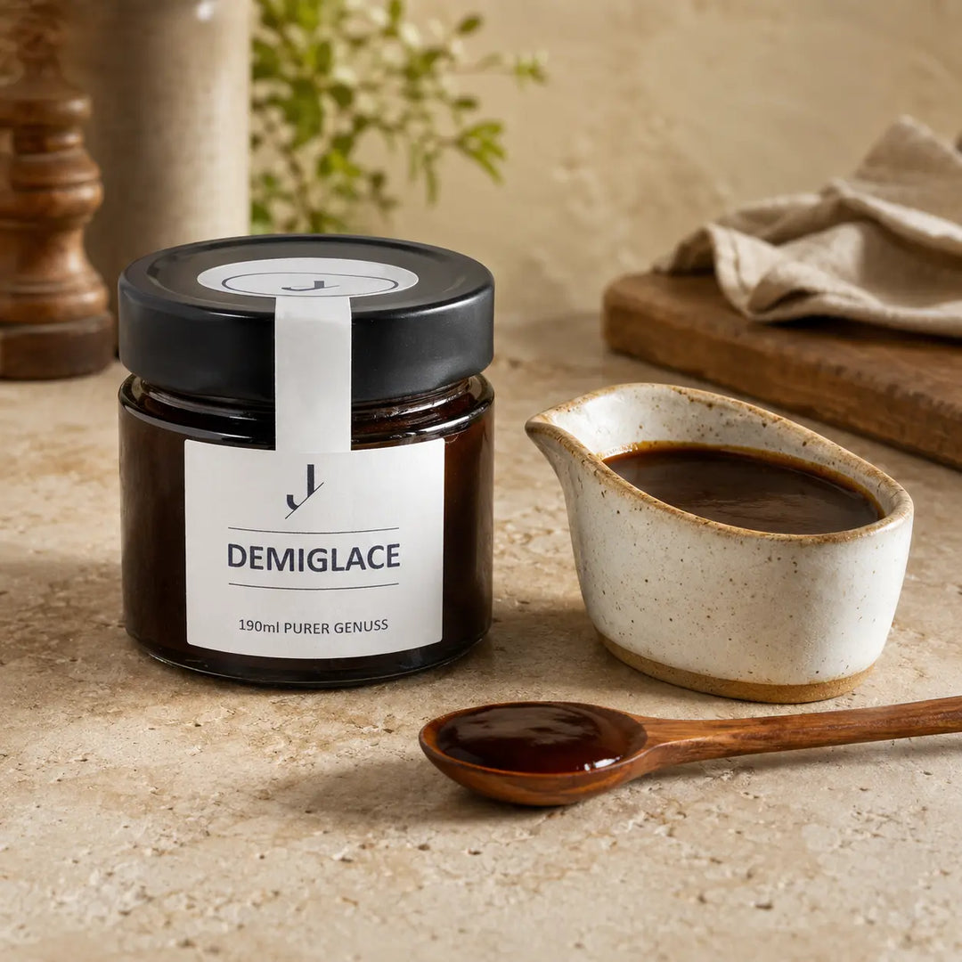 Demiglace von Jungermann Gourmet mit dunkler Sauce in Sauciere und Holzlöffel