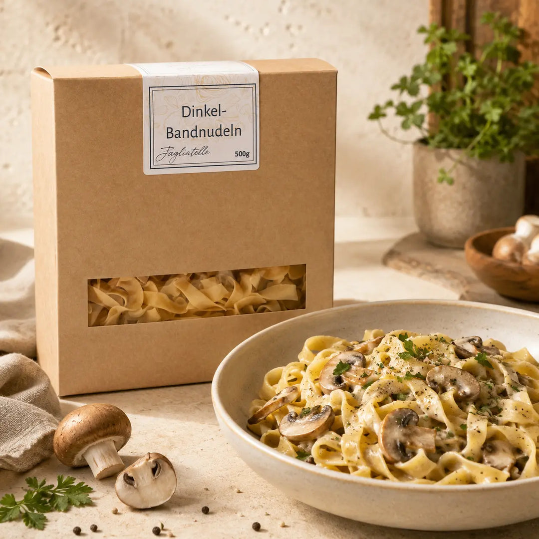 Dinkel-Bandnudeln von Jungermann Gourmet mit Pilzen und cremiger Sauce