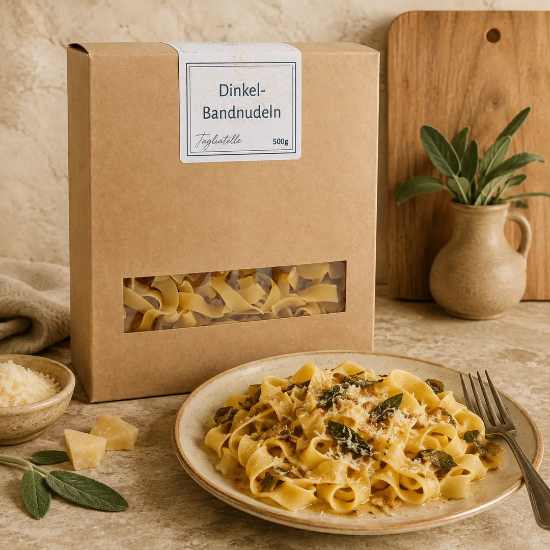 Dinkel-Bandnudeln von Jungermann Gourmet mit Salbeibutter und Hartkäse