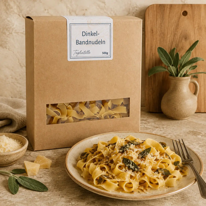 Dinkel-Bandnudeln von Jungermann Gourmet mit Salbeibutter und Hartkäse