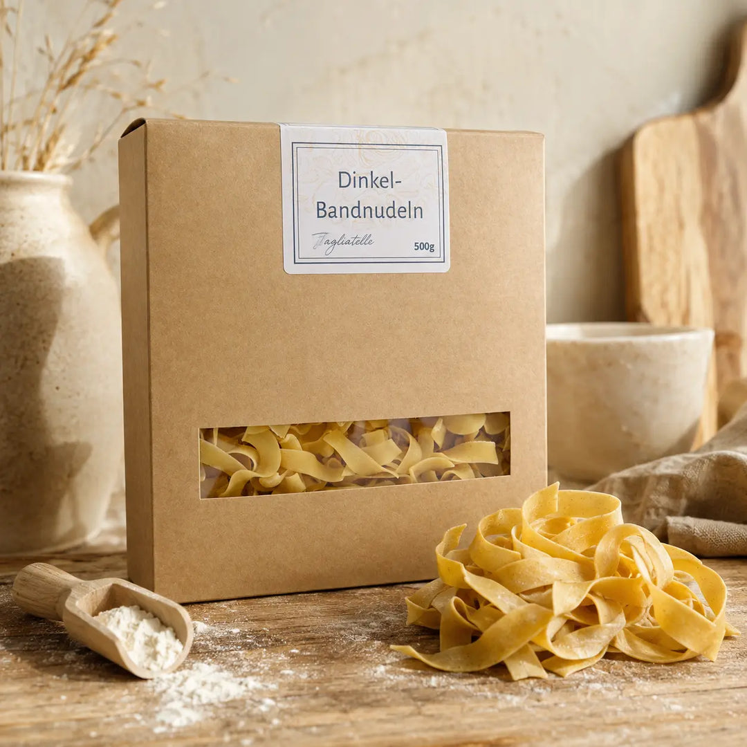 Dinkel-Bandnudeln von Jungermann Gourmet mit ungekochten breiten Nudeln