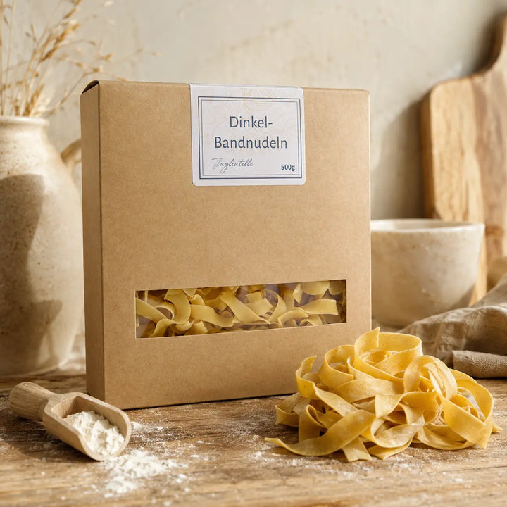 Dinkel-Bandnudeln von Jungermann Gourmet mit ungekochten breiten Nudeln