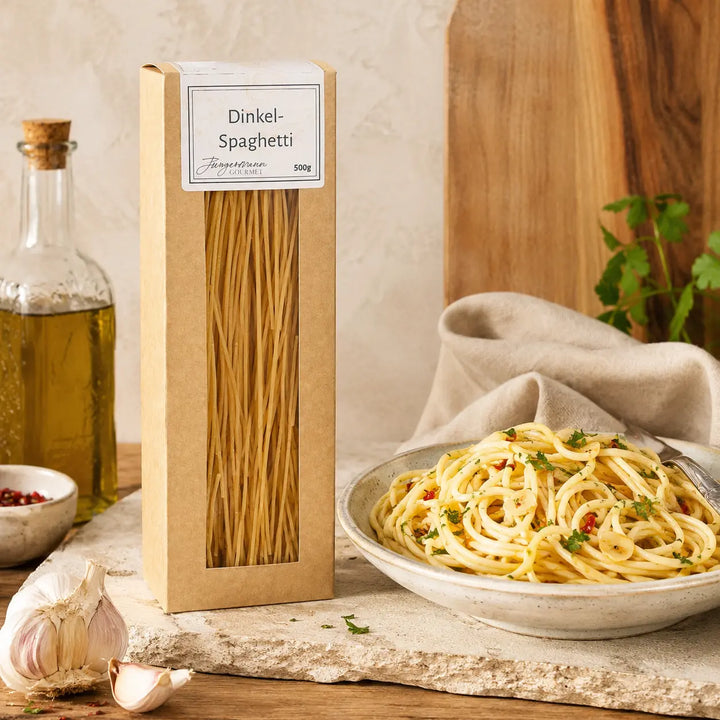 Dinkel-Spaghetti von Jungermann Gourmet mit Knoblauch, Olivenöl und Petersilie