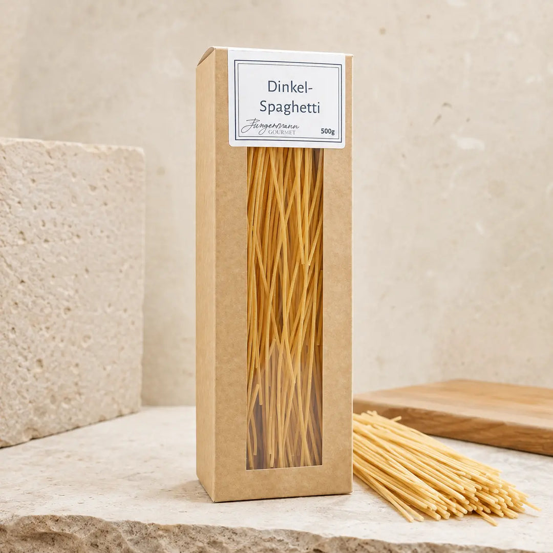 Dinkel-Spaghetti von Jungermann Gourmet in der 500-g-Packung als Premium-Packshot