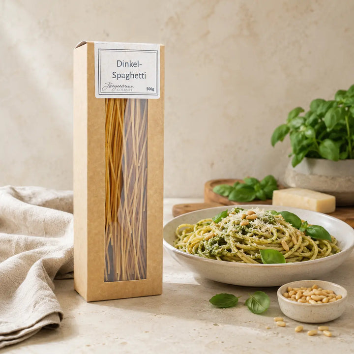 Dinkel-Spaghetti von Jungermann Gourmet mit Basilikumpesto und Pinienkernen