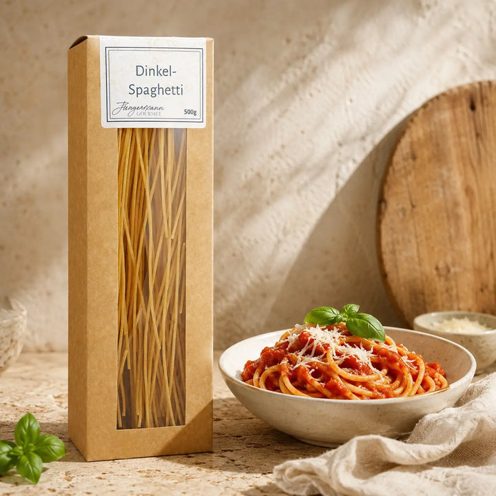 Dinkel-Spaghetti von Jungermann Gourmet mit Tomatensauce und Basilikum