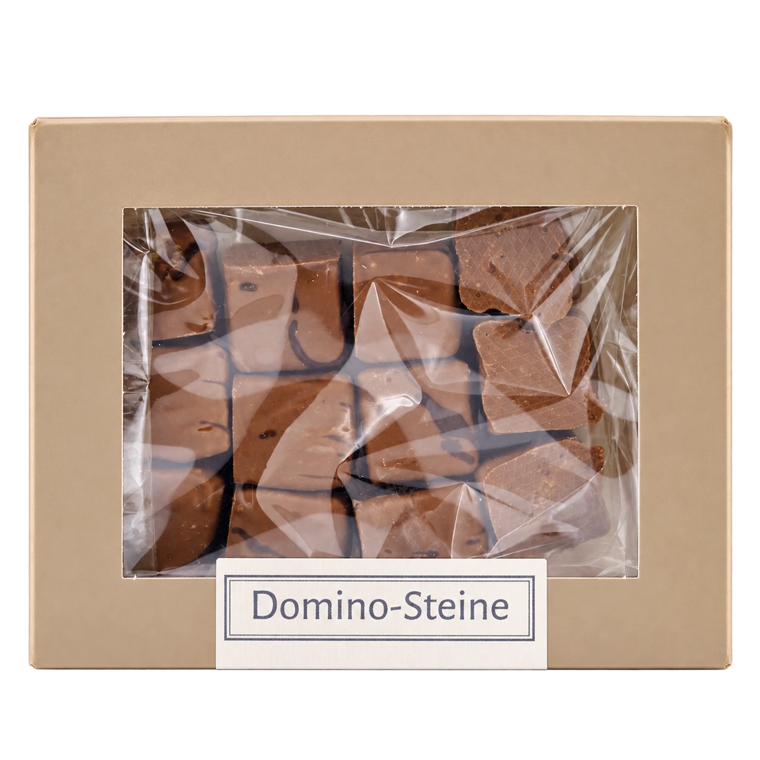 Domino-Steine von Jungermann Gourmet in der Gebäckschachtel mit Sichtfenster – freigestellte Frontalansicht.
