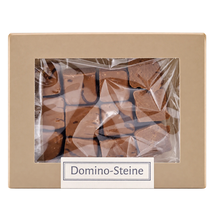 Domino-Steine von Jungermann Gourmet in der Gebäckschachtel mit Sichtfenster – freigestellte Frontalansicht.