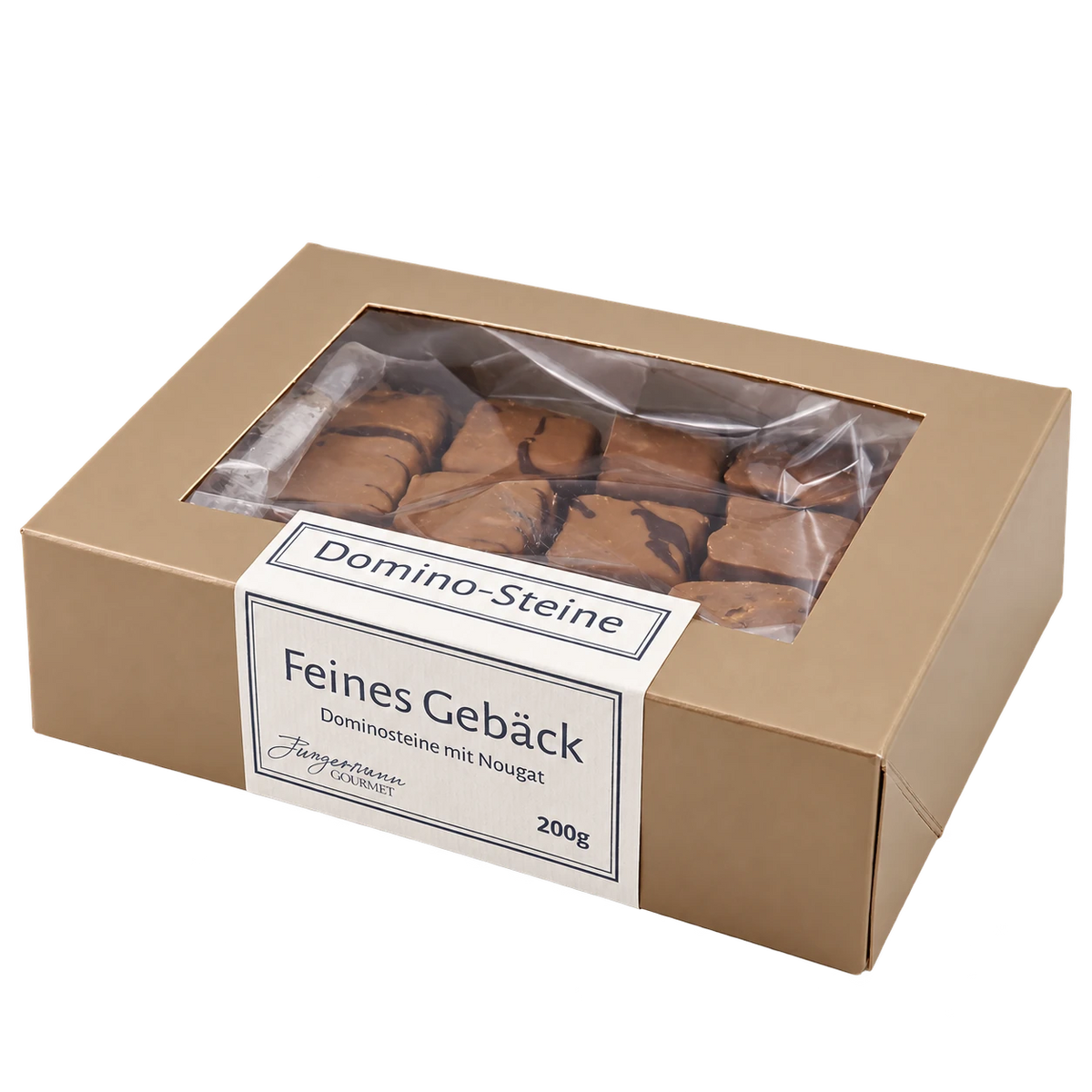 Domino-Steine von Jungermann Gourmet in der Gebäckschachtel mit Sichtfenster – freigestellte Produktansicht.