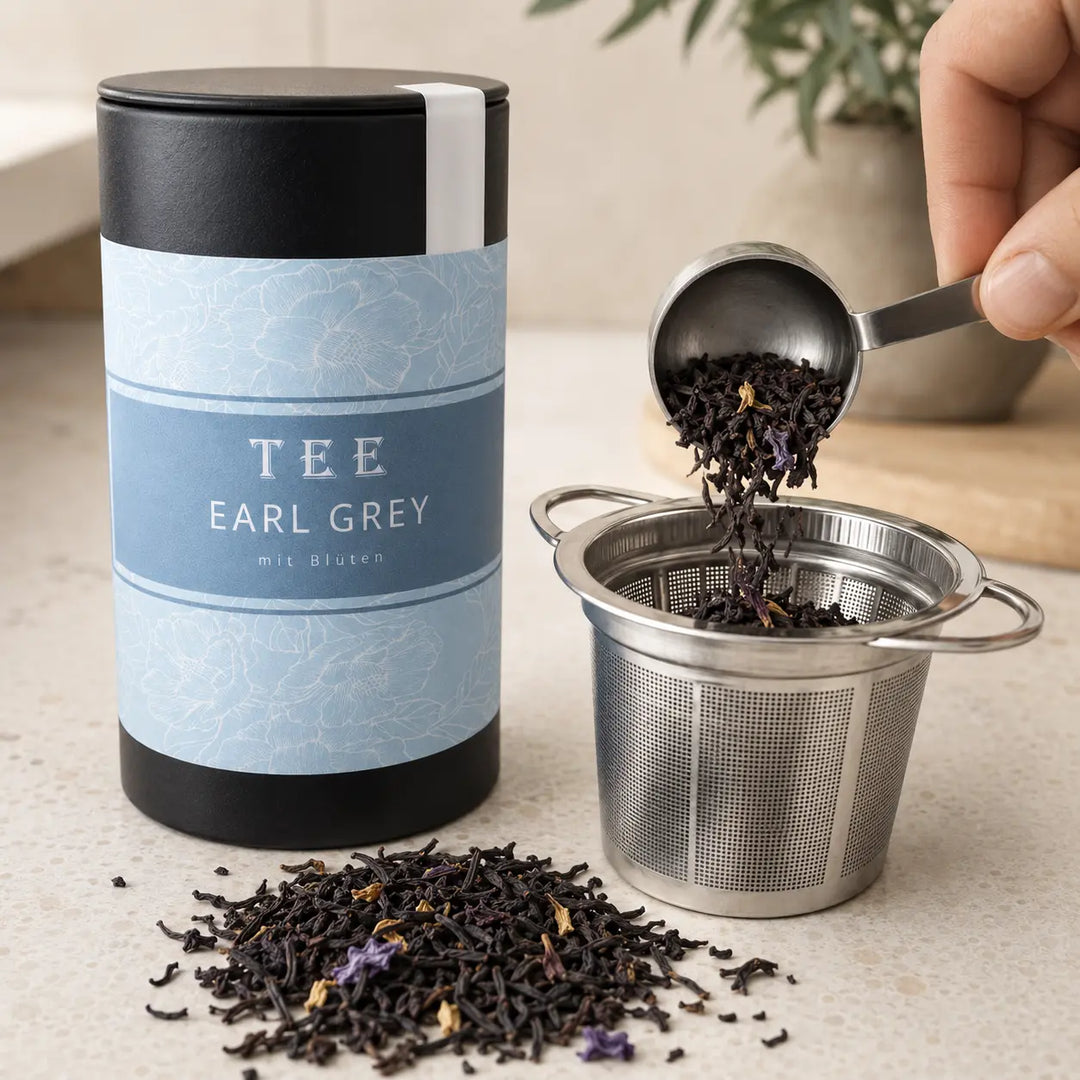 Earl Grey mit Blüten wird neben der Jungermann Gourmet Teedose dosiert