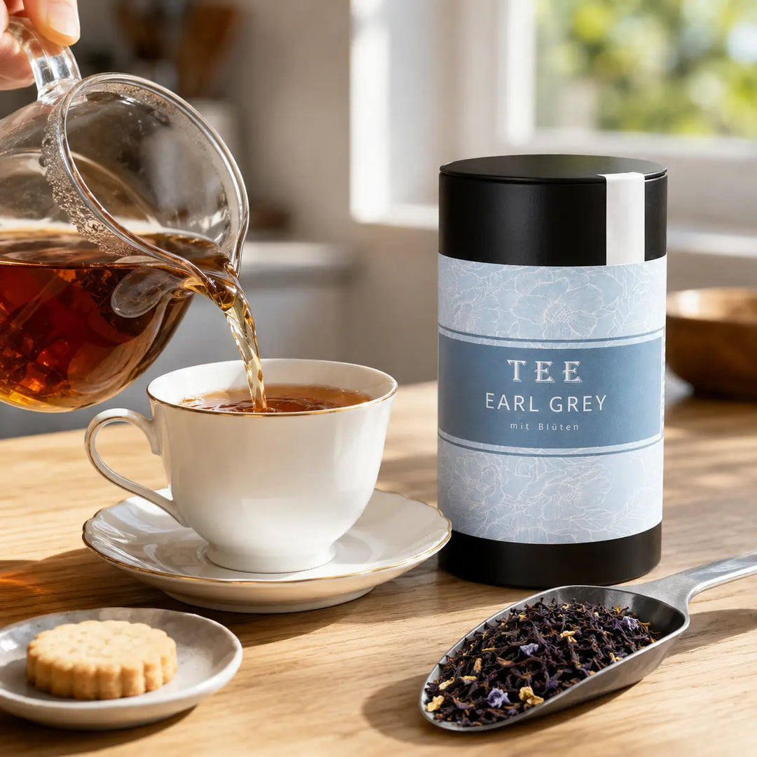 Earl Grey mit Blüten von Jungermann Gourmet wird frisch eingeschenkt