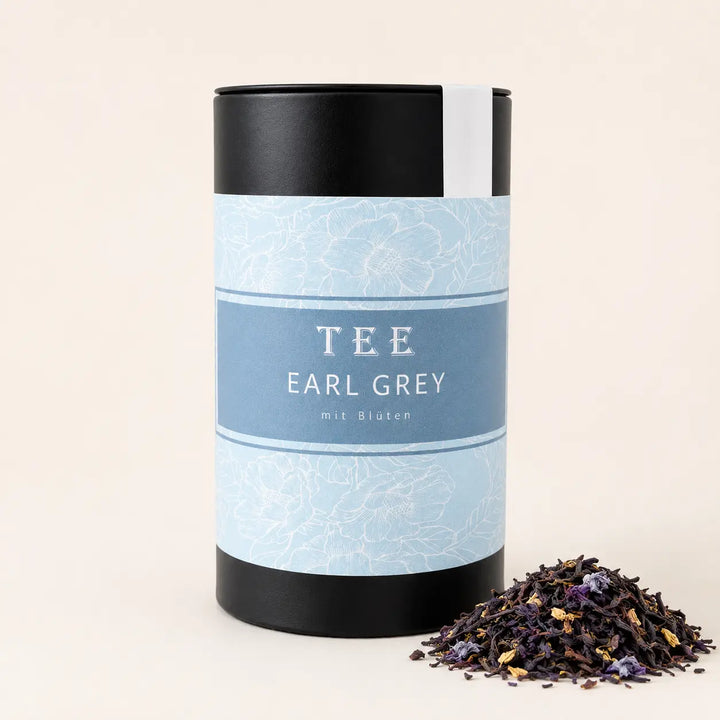 Earl Grey mit Blüten Tee von Jungermann Gourmet in hellblauer Dose