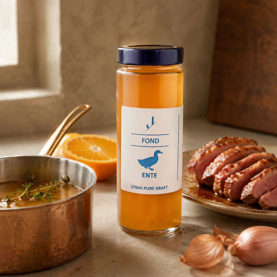 Entenfond von Jungermann Gourmet für Orangensauce zu rosa Entenbrust