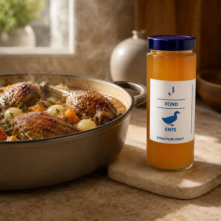 Entenfond von Jungermann Gourmet zu geschmorter Ente mit Wurzelgemüse