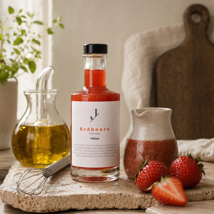Erdbeer-Fruchtessig von Jungermann Gourmet mit hausgemachtem Erdbeer-Dressing