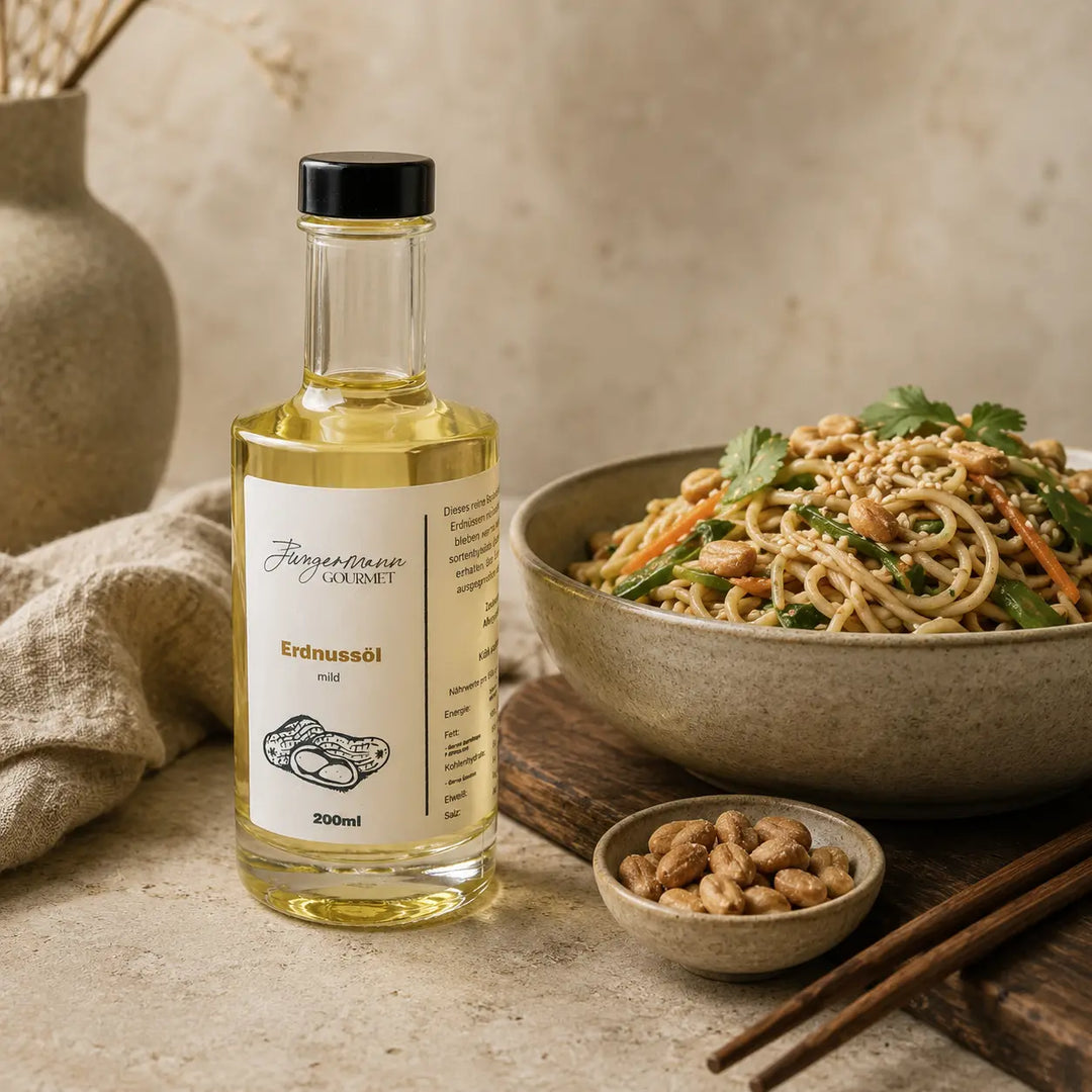 Erdnussöl von Jungermann Gourmet zu asiatischen Gemüse-Nudeln mit Erdnüssen