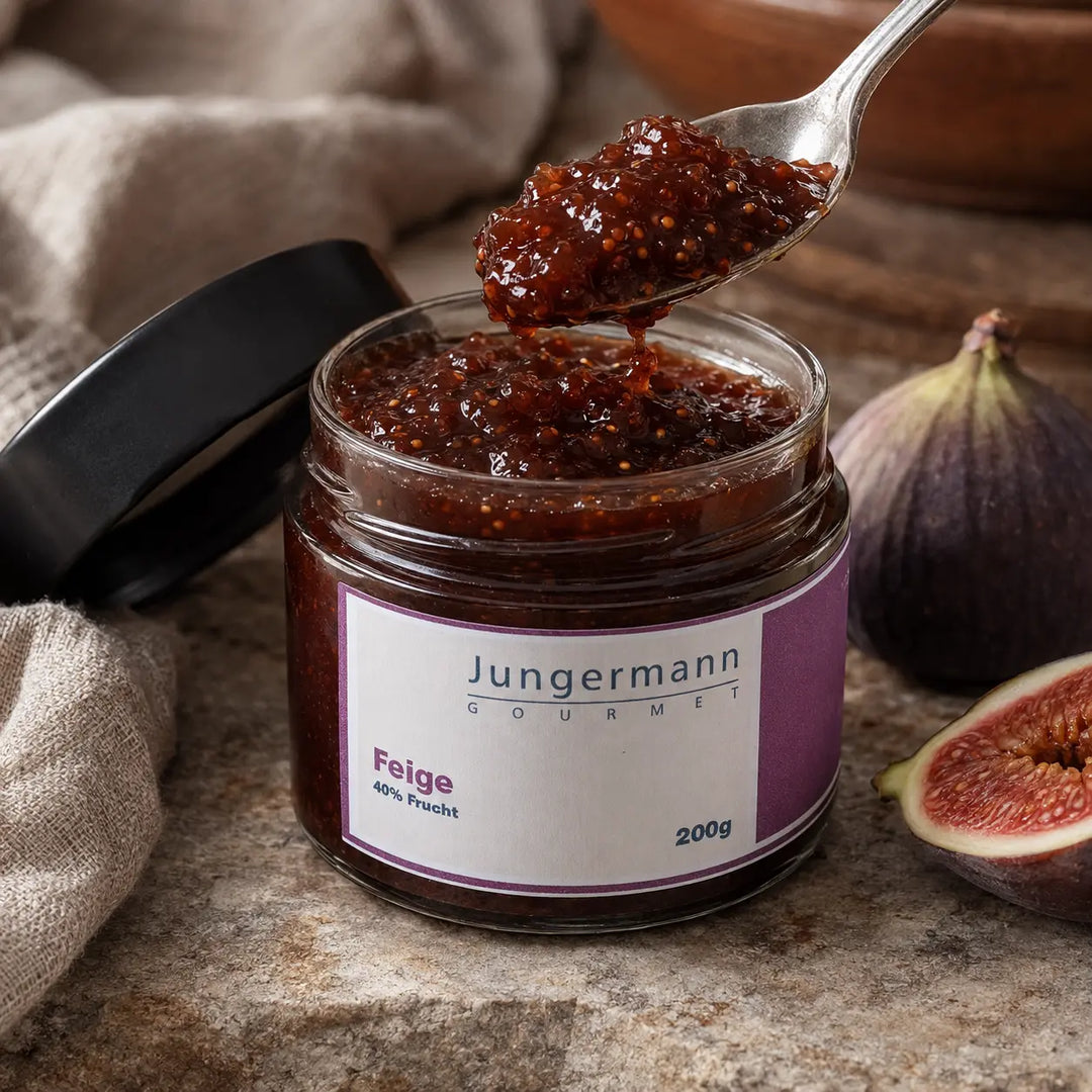 Feigen-Aufstrich von Jungermann Gourmet mit sichtbaren Feigenstücken und Kernen auf dem Löffel