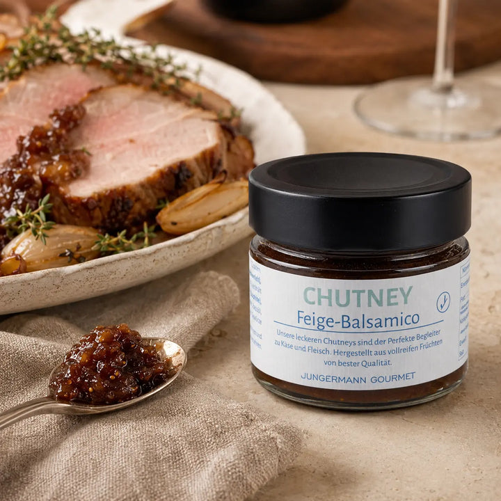 Feigen-Balsamico-Chutney von Jungermann Gourmet zu rosa gebratenem Fleisch