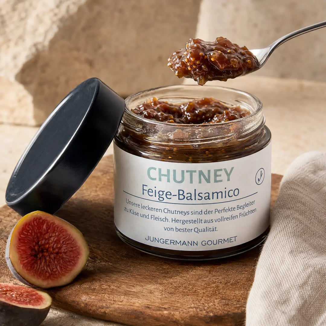Feigen-Balsamico-Chutney von Jungermann Gourmet mit sichtbaren Fruchtstücken auf dem Löffel