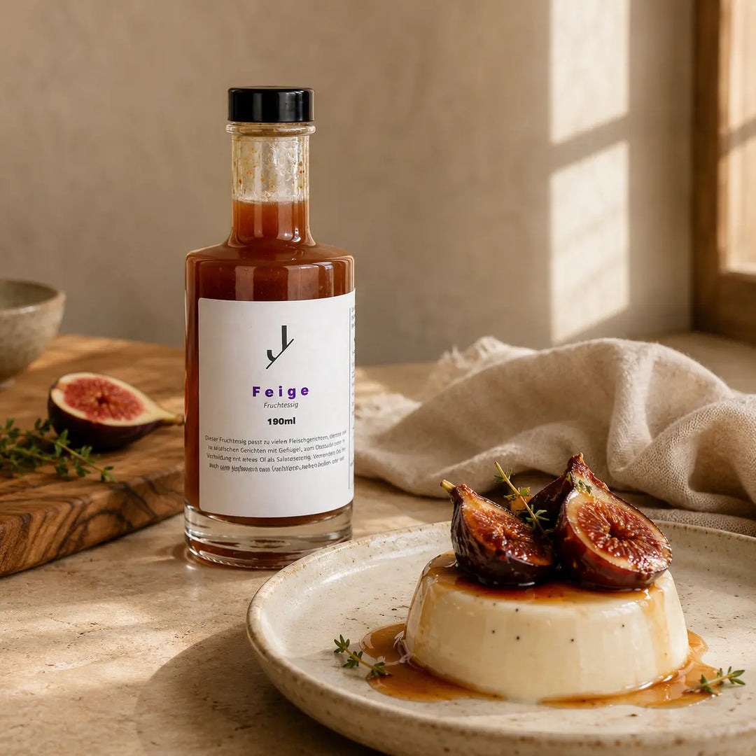Feigen-Fruchtessig von Jungermann Gourmet zu Panna cotta mit glasierten Feigen