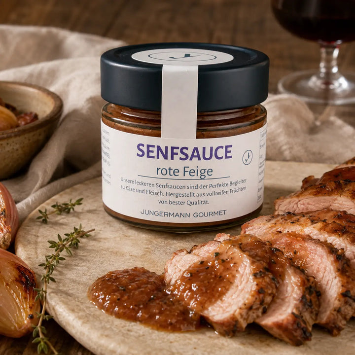 Feigen-Senf-Sauce rote Feige von Jungermann Gourmet zu gebratenem Fleisch