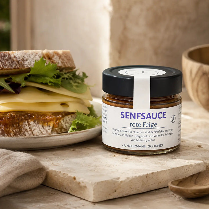 Feigen-Senf-Sauce rote Feige von Jungermann Gourmet zu einem Käse-Sandwich