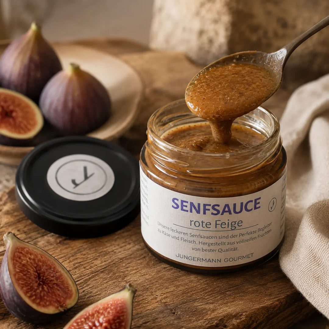Feigen-Senf-Sauce rote Feige von Jungermann Gourmet mit cremiger Textur auf dem Löffel