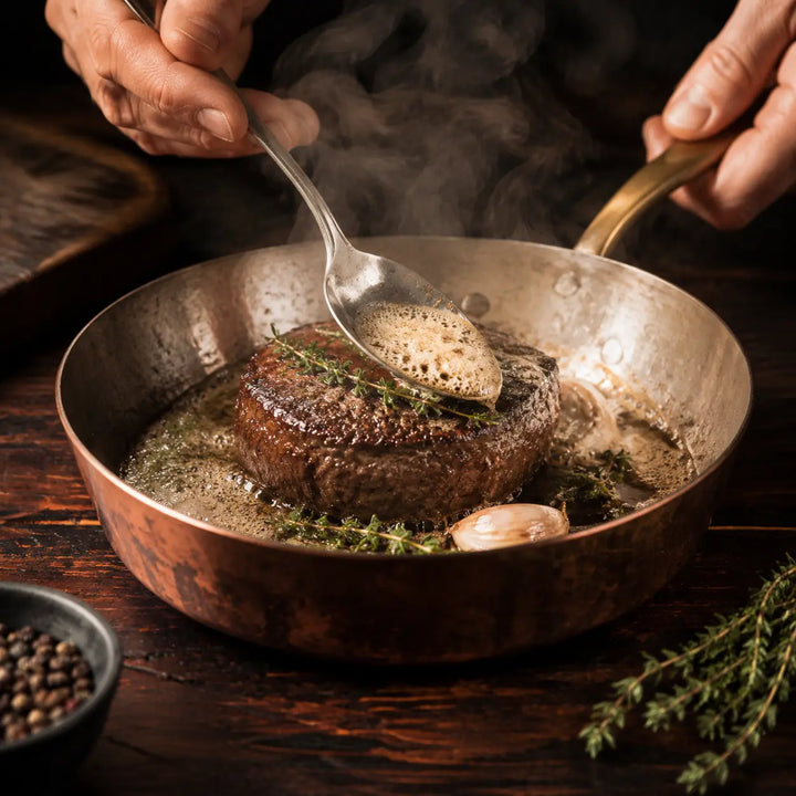 Feine Wildküche – Wildfleisch beim Anbraten in einer Kupferpfanne