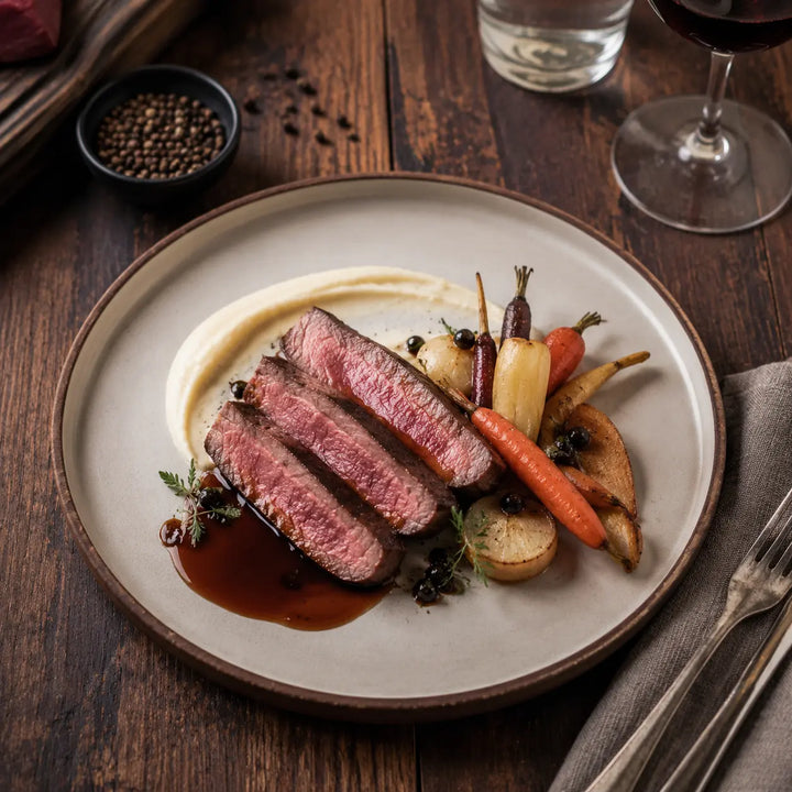 Feine Wildküche – angerichtetes Wildgericht mit Wurzelgemüse und Jus