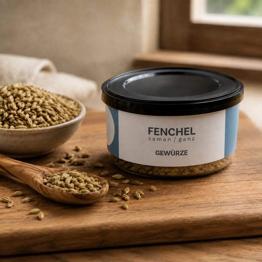 Jungermann Gourmet Fenchelsamen ganz mit Holzlöffel und Schale