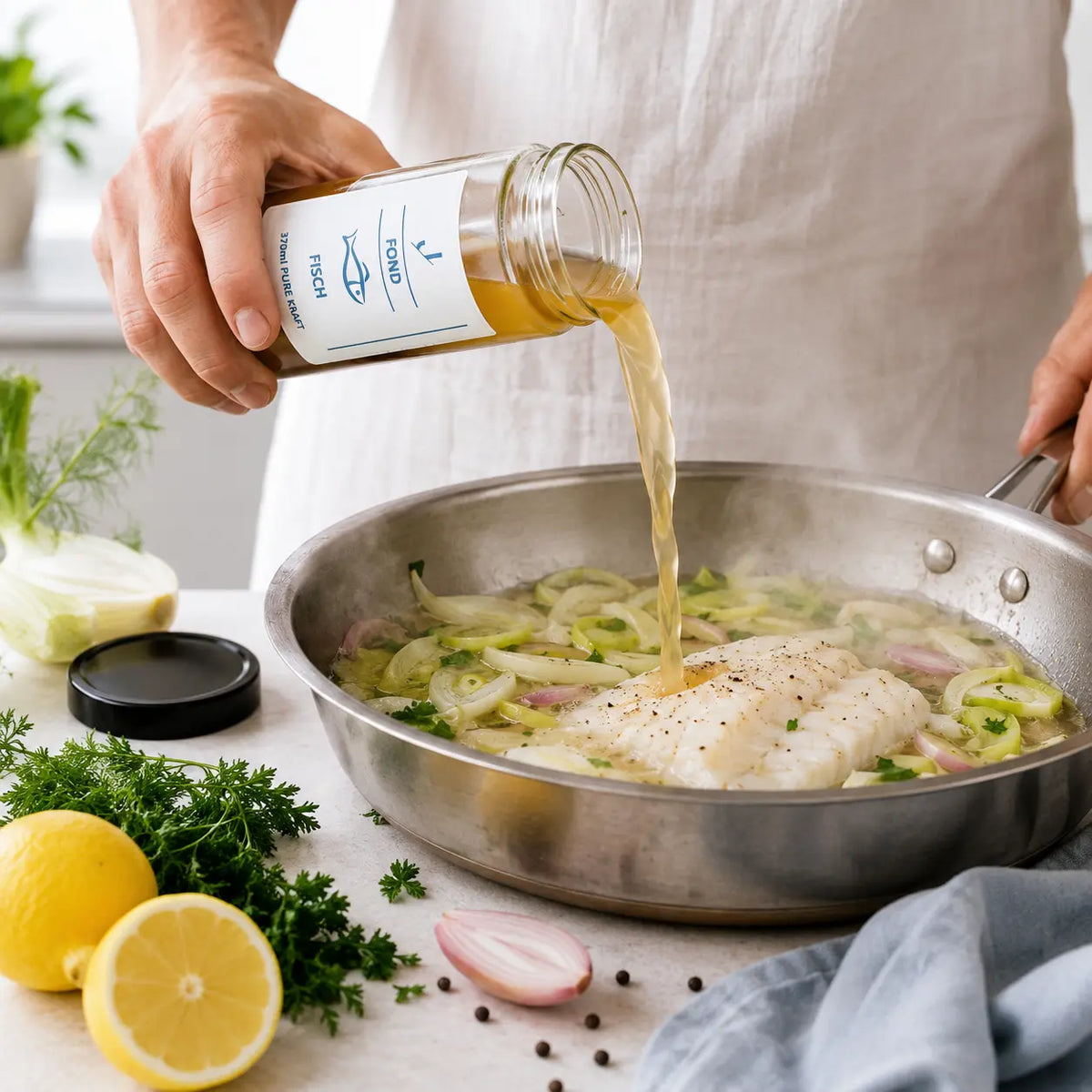 Fisch-Fond beim Angießen eines weißen Fischfilets mit Fenchel, Lauch, Schalotte und Zitrone