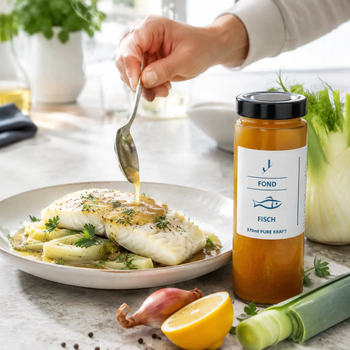 Fisch-Fond als feine Sauce zu weißem Fisch mit geschmortem Fenchel, Lauch und Zitrone
