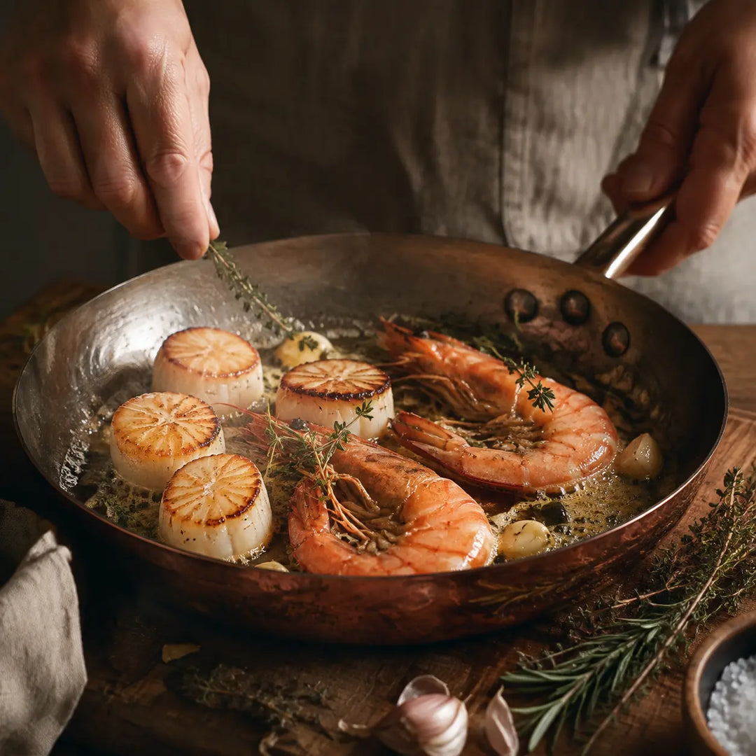 Fisch und Meeresfrüchte – Jakobsmuscheln und Garnelen beim Anbraten