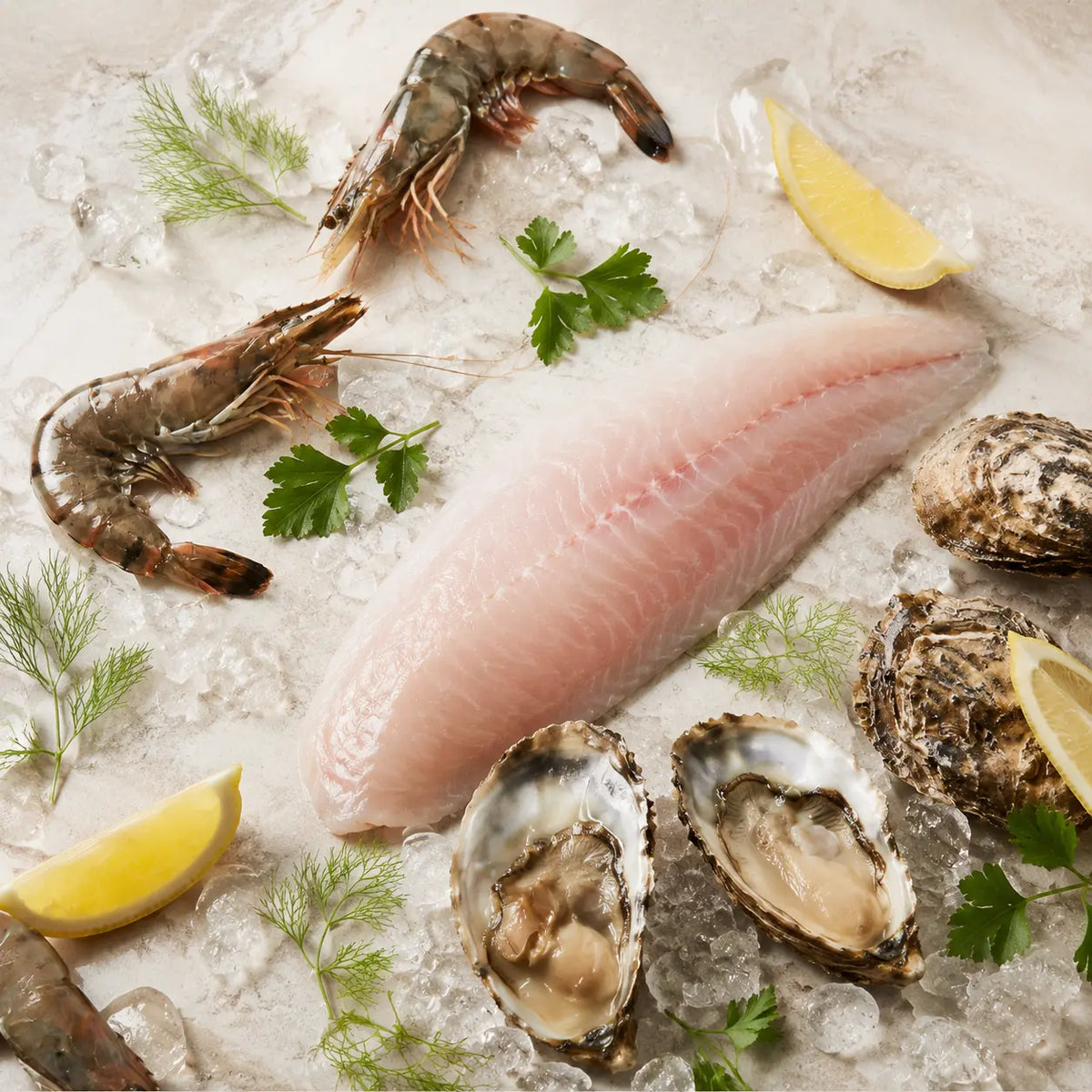 Fisch und Meeresfrüchte – frische Zutaten mit Fischfilet, Garnelen und Austern
