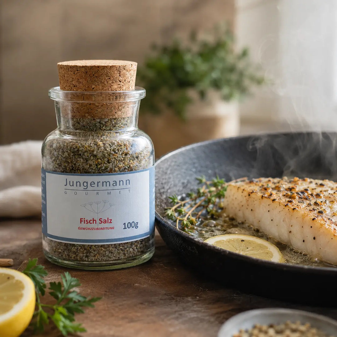 Jungermann Gourmet Fisch-Salz zu gebratenem Fisch mit Zitrone