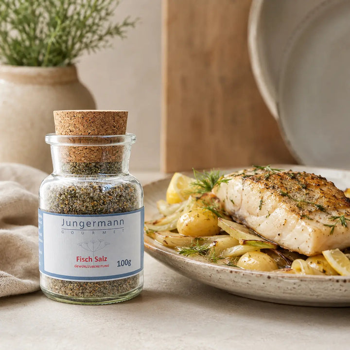 Jungermann Gourmet Fisch-Salz zu Fisch mit Fenchel und Kartoffeln