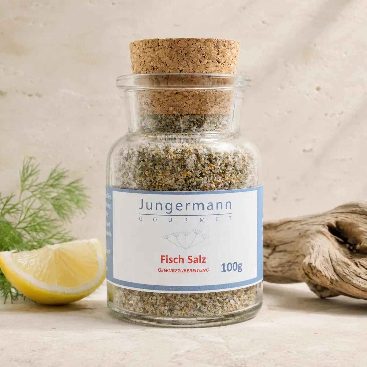 Jungermann Gourmet Fisch-Salz im Korkenglas – Packshot
